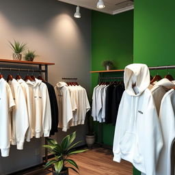A clothing store interior featuring stylish white hoodies displayed on elegant racks