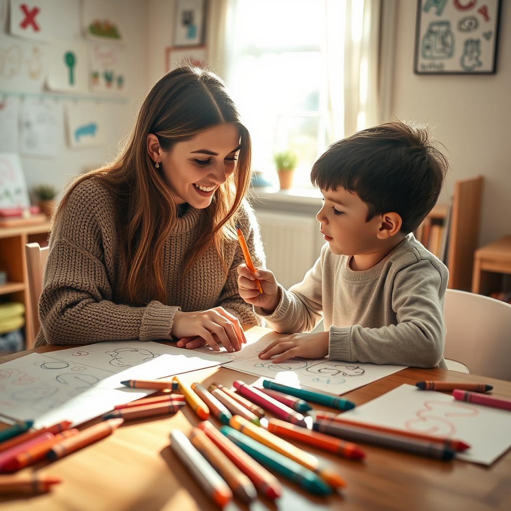 A warm and heartwarming scene of a mother teaching her young son to write on a wooden table