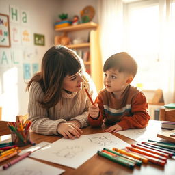 A warm and heartwarming scene of a mother teaching her young son to write on a wooden table