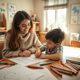 A warm and heartwarming scene of a mother teaching her young son to write on a wooden table