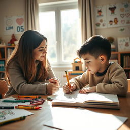 A warm and heartwarming scene of a mother teaching her young son to write on a wooden table