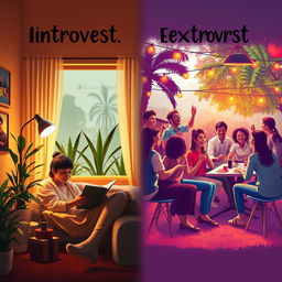 A thought-provoking scene depicting the contrasting lifestyles of introverts and extroverts