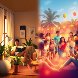 A thought-provoking scene depicting the contrasting lifestyles of introverts and extroverts
