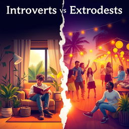 A thought-provoking scene depicting the contrasting lifestyles of introverts and extroverts