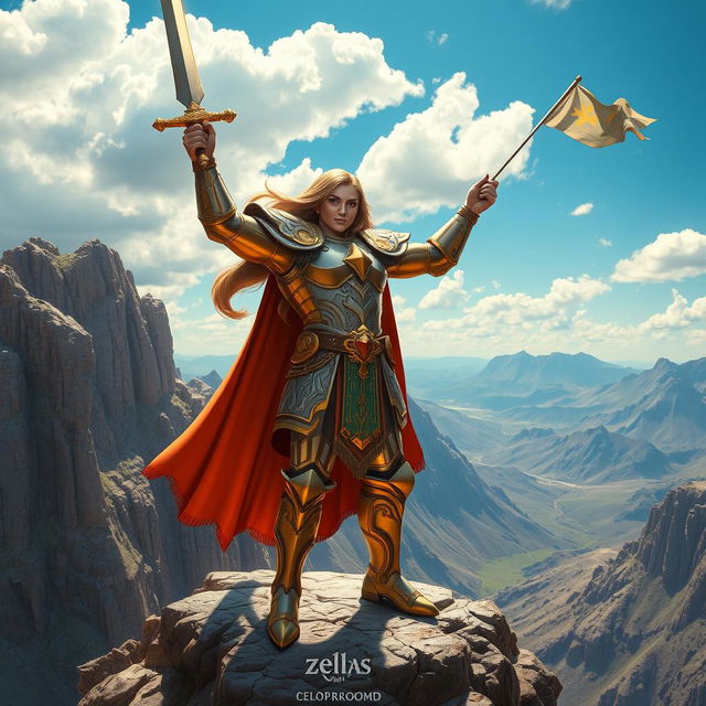 A powerful hero standing triumphantly on a mountain peak, wearing intricately designed armor that gleams in the sunlight