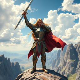 A powerful hero standing triumphantly on a mountain peak, wearing intricately designed armor that gleams in the sunlight