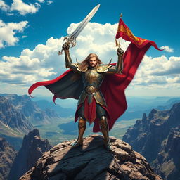 A powerful hero standing triumphantly on a mountain peak, wearing intricately designed armor that gleams in the sunlight