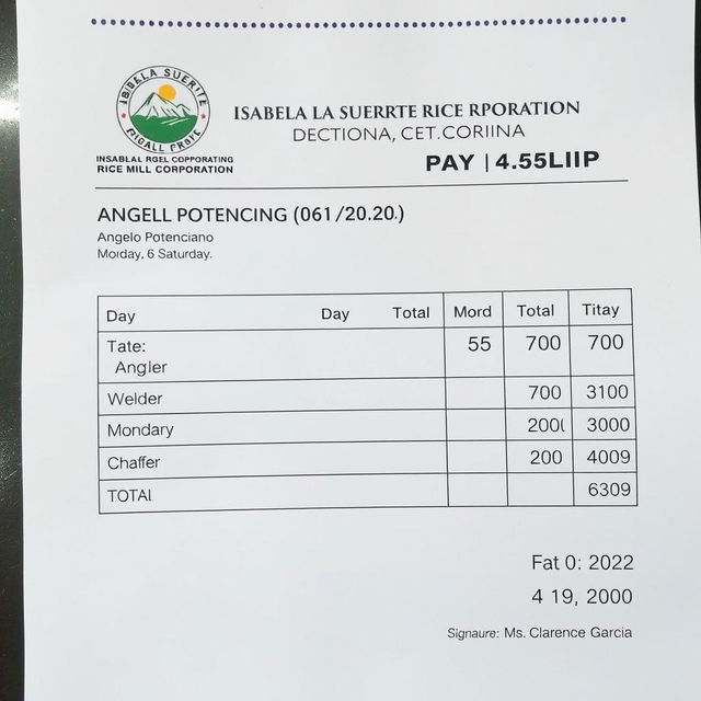 A detailed electronic payslip for Angelo Potenciano, an employee at Isabela La Suerte Rice Mill Corporation