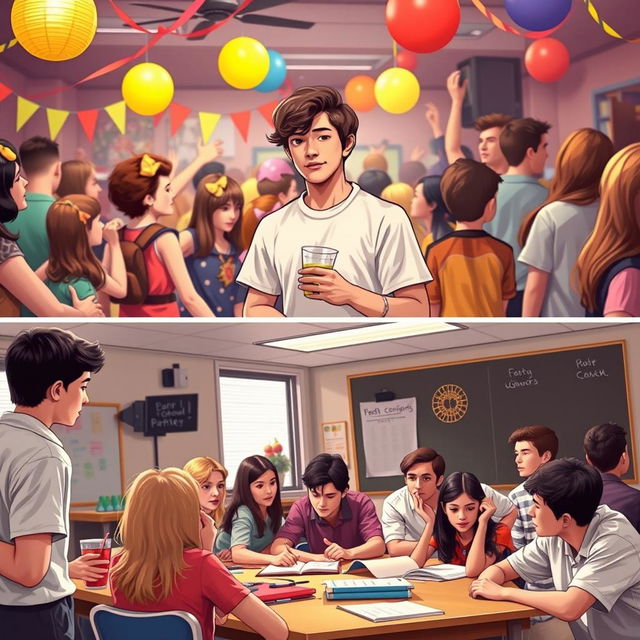 A visually engaging scene depicting an introverted student at a lively school party