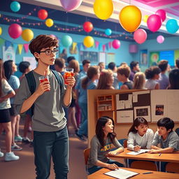 A visually engaging scene depicting an introverted student at a lively school party