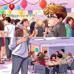 A visually engaging scene depicting an introverted student at a lively school party
