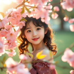 A cute Korean girl with an innocent expression, curly hair, and soft features, surrounded by pink cherry blossoms