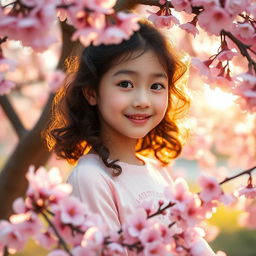 A cute Korean girl with an innocent expression, curly hair, and soft features, surrounded by pink cherry blossoms