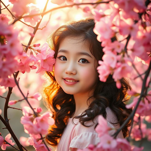 A cute Korean girl with an innocent expression, curly hair, and soft features, surrounded by pink cherry blossoms