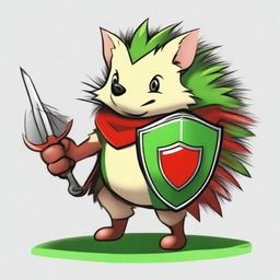 A high-quality digital art image of a brave hedgehog equipped with a green and red shield and a whip