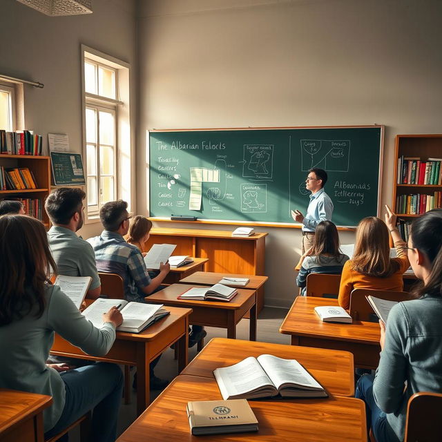 A vibrant classroom scene depicting an engaging Albanian lecture