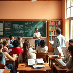 A vibrant classroom scene depicting an engaging Albanian lecture