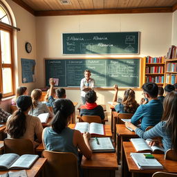 A vibrant classroom scene depicting an engaging Albanian lecture