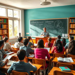 A vibrant classroom scene depicting an engaging Albanian lecture