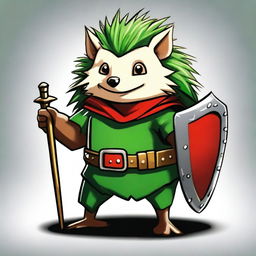 A high-quality digital art image of a brave hedgehog equipped with a green and red shield and a whip