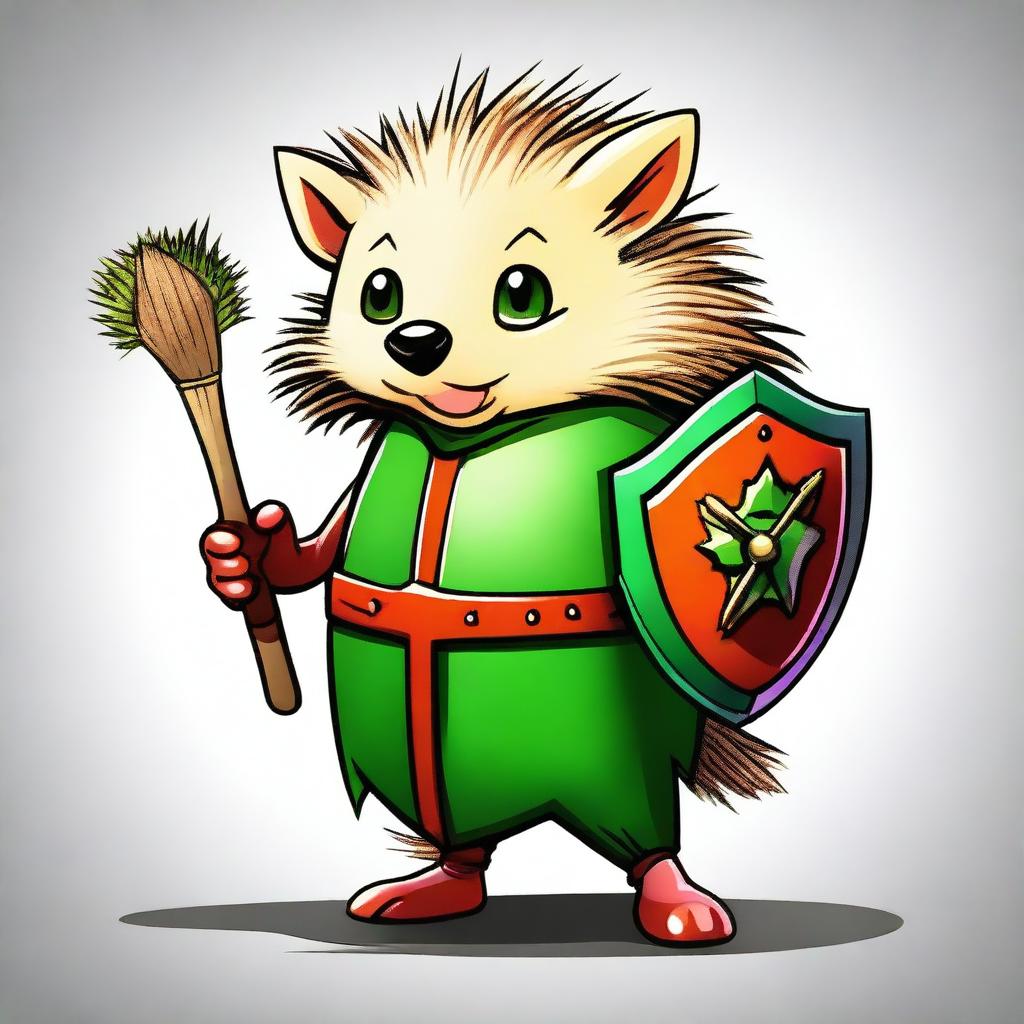 A high-quality digital art image of a brave hedgehog equipped with a green and red shield and a whip