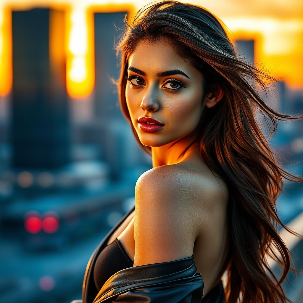 A portrait of a stunning young woman inspired by Ariana Greenblatt, showcasing her as a confident and alluring figure
