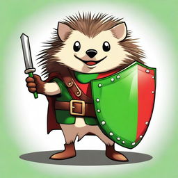 A high-quality digital art image of a brave hedgehog equipped with a green and red shield and a whip