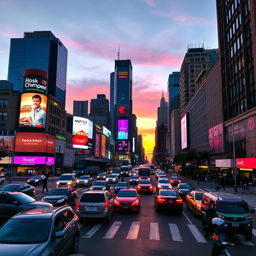 A busy city intersection during rush hour filled with various vehicles like cars, buses, and bicycles