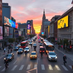 A busy city intersection during rush hour filled with various vehicles like cars, buses, and bicycles
