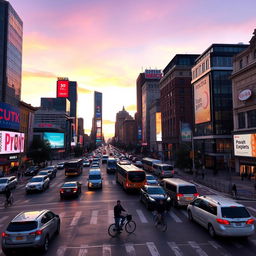 A busy city intersection during rush hour filled with various vehicles like cars, buses, and bicycles