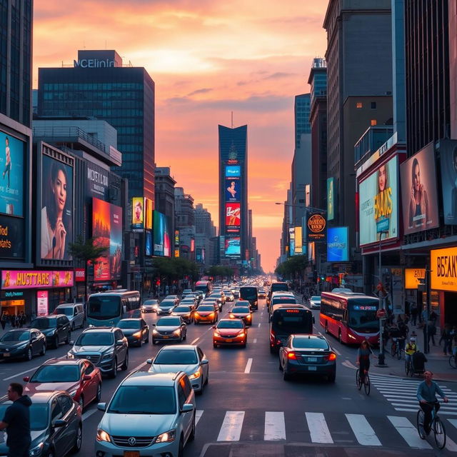 A busy city intersection during rush hour filled with various vehicles like cars, buses, and bicycles