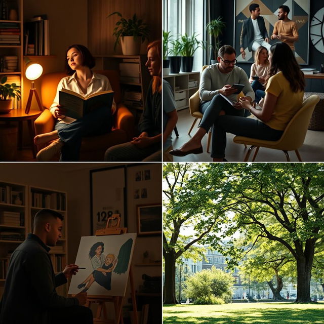 A series of images showcasing various aspects of introverted individuals in different settings
