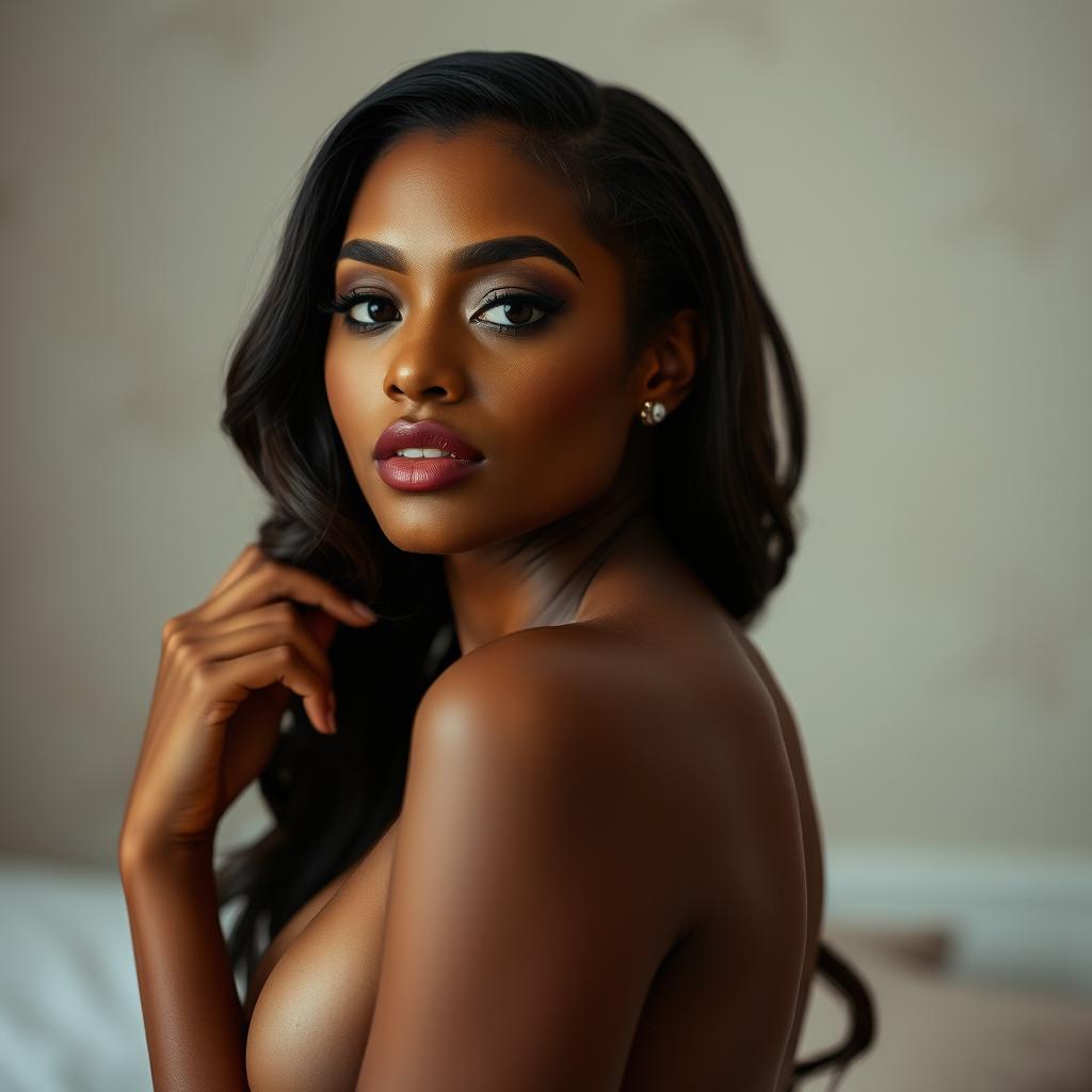 A sensual portrayal of a confident woman with a striking appearance, reminiscent of CJ Miles, elegantly posed in a way that emphasizes her natural beauty