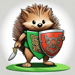 A high-quality digital art image of a brave brown hedgehog armed with a green and red Celtic shield and a whip