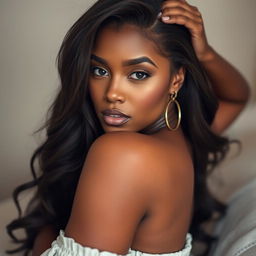 A sensual portrayal of a confident woman with a striking appearance, reminiscent of CJ Miles, elegantly posed in a way that emphasizes her natural beauty