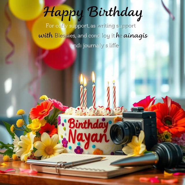 A celebratory birthday scene featuring a vibrant colorful cake with candles and 'Happy Birthday Nayan' written on it