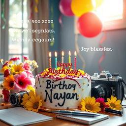 A celebratory birthday scene featuring a vibrant colorful cake with candles and 'Happy Birthday Nayan' written on it