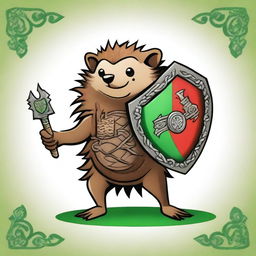 A high-quality digital art image of a brave brown hedgehog armed with a green and red Celtic shield and a whip