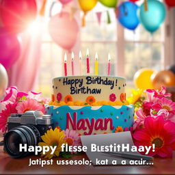 A celebratory birthday scene featuring a vibrant colorful cake with candles and 'Happy Birthday Nayan' written on it