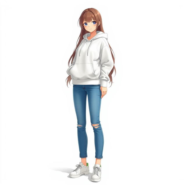 A tall and beautiful anime model standing against a white background