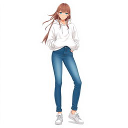 A tall and beautiful anime model standing against a white background