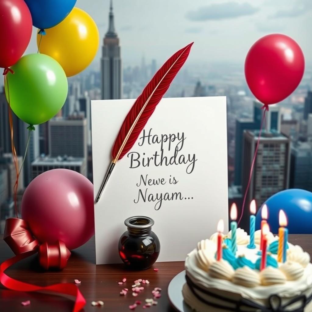 A birthday celebration scene featuring a thoughtful and elegant card specifically for a journalist named Nayan