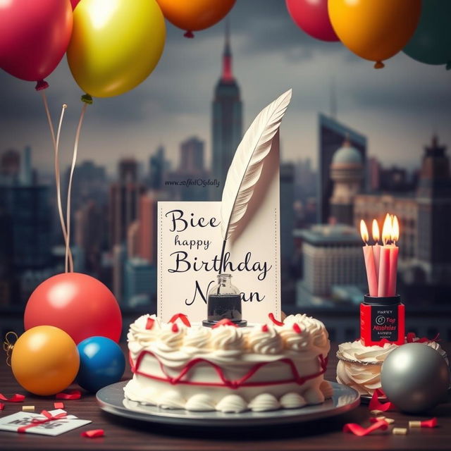 A birthday celebration scene featuring a thoughtful and elegant card specifically for a journalist named Nayan