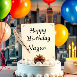 A birthday celebration scene featuring a thoughtful and elegant card specifically for a journalist named Nayan