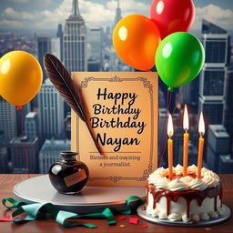 A birthday celebration scene featuring a thoughtful and elegant card specifically for a journalist named Nayan