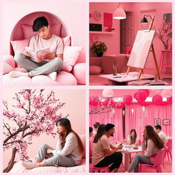 A visually appealing series of images featuring introverted individuals in shades of pink, emphasizing their personality traits in soft, serene environments