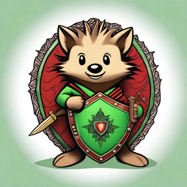 A high-quality digital art image of a brave brown hedgehog armed with a green and red Celtic shield and a whip