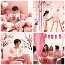 A visually appealing series of images featuring introverted individuals in shades of pink, emphasizing their personality traits in soft, serene environments