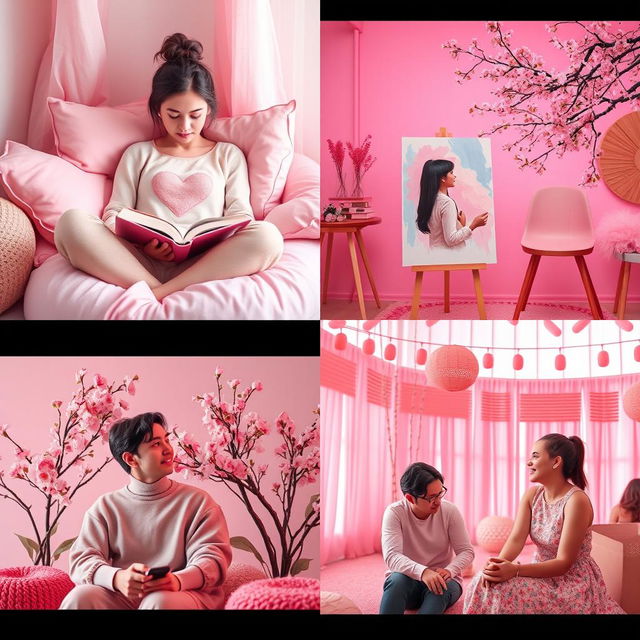 A visually appealing series of images featuring introverted individuals in shades of pink, emphasizing their personality traits in soft, serene environments