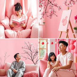 A visually appealing series of images featuring introverted individuals in shades of pink, emphasizing their personality traits in soft, serene environments